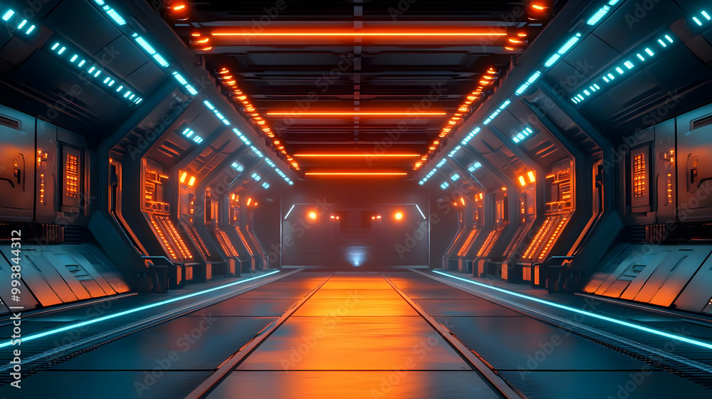 Futuristic Corridor With Orange and Blue Neon Lights 3D Illustration