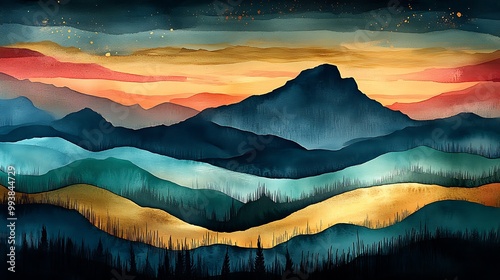 A minimalist watercolor painting of Table Mountain’s silhouette under a twilight sky, with the South African flag’s bold colors—green, gold, black, and red—subtly blending into the background.