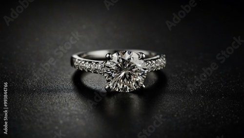 Elegant diamond engagement ring on white gold against a black backdrop.