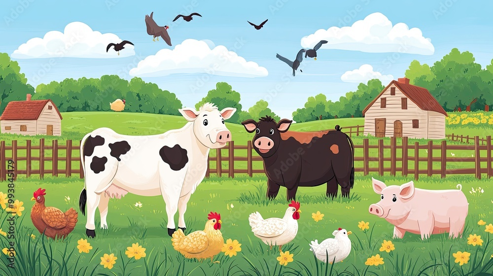 Farmyard with a mix of animals, including cows, chickens, and pigs, open field with copy space. Farmyard with a mix of animals, including cows, chickens, and pigs, open field with copy space.