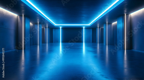 Abstract Blue Neon Lights Corridor 3D Illustration