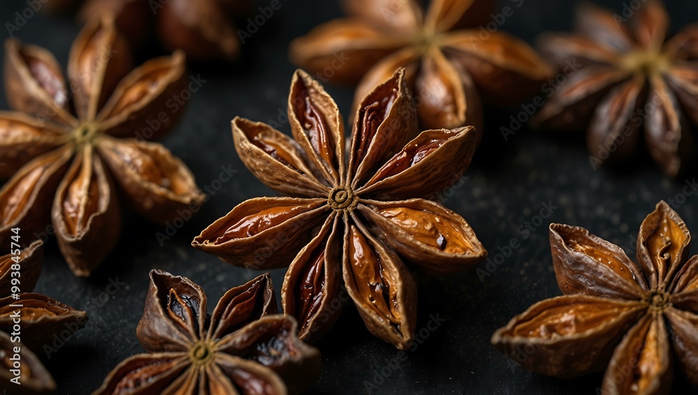 Elegant star anise prominently displayed against a black background. Elegant star anise prominently displayed against a black background.