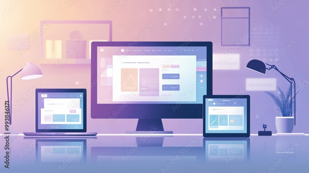 This illustration shows adaptive web design on various devices in a stylish workspace, highlighting user experience.