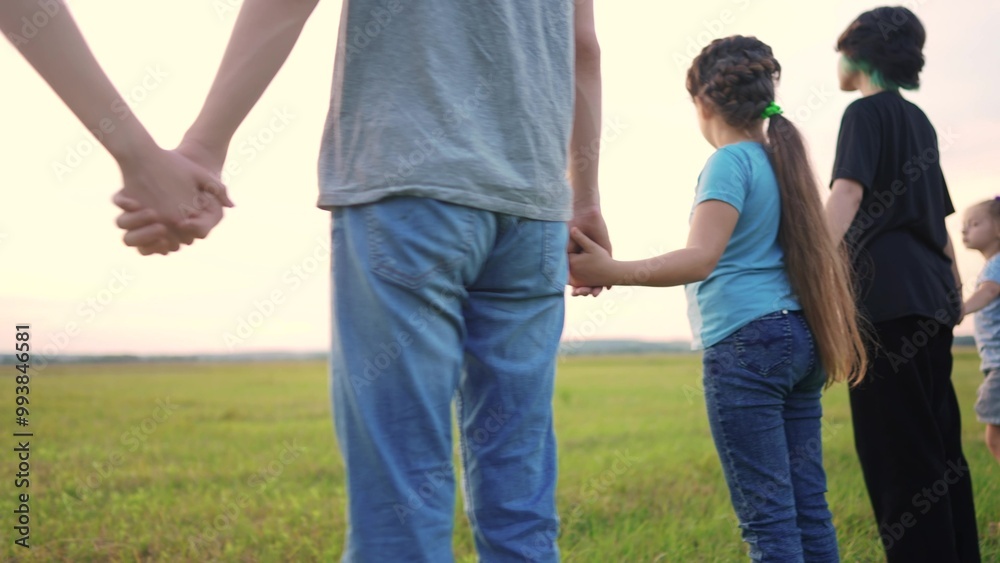 Fototapeta premium large group of people holding hands. family big community outdoors in the park holding hands together. happy family kid dream concept. people support each other joined hands nature back view lifestyle