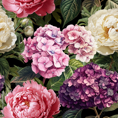 Seamless vector pattern with hydrangea and peony flowers isolated on a changeable background. Vintage painting style illustration.