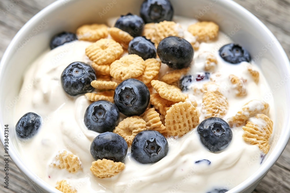 yogurt with cereals and blueberry in a white bowl