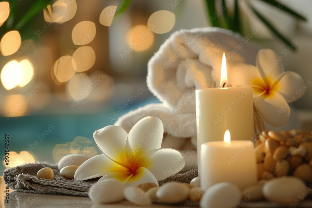 Spa table with beautiful flowers, stones and rolled towels Spa table with beautiful flowers, stones and rolled towels