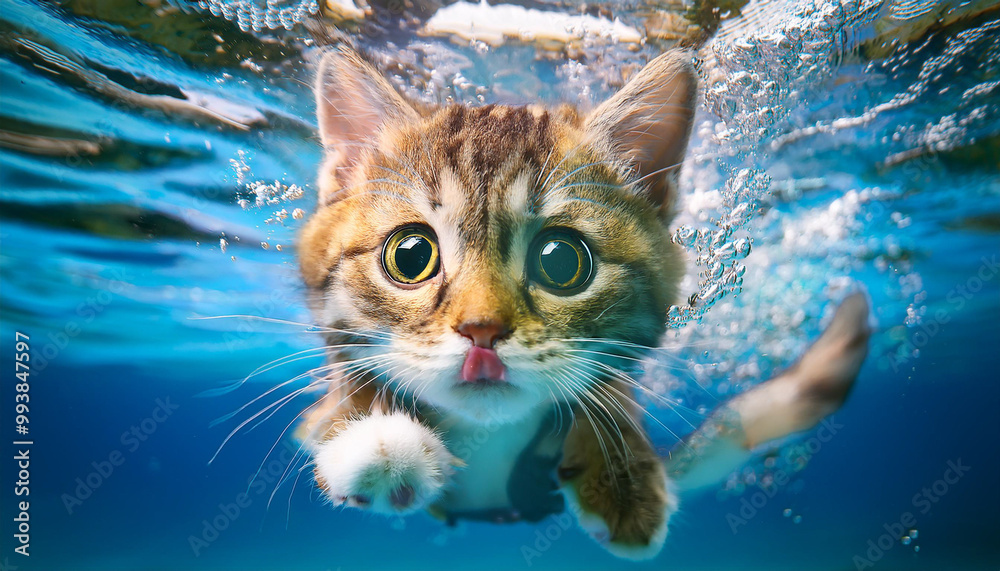 A funny smiled little kitten dives with a splash of water underwater in swimming goggles taking a selfie underwater. A funny smiled little kitten dives with a splash of water underwater in swimming goggles taking a selfie underwater.