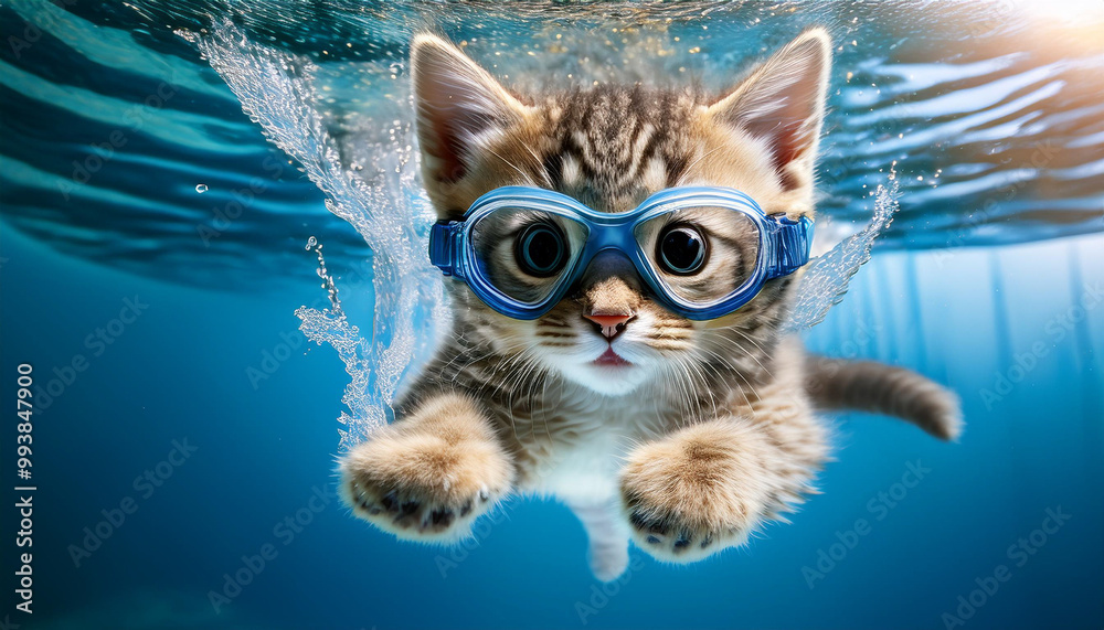 A funny smiled little kitten dives with a splash of water underwater in swimming goggles taking a selfie underwater. A funny smiled little kitten dives with a splash of water underwater in swimming goggles taking a selfie underwater.