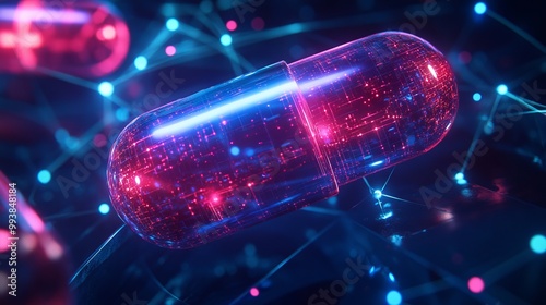 Futuristic Medicine Pills with Digital Connections. AI generated illustration