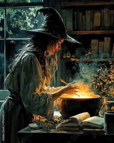 Enchanting Witch Brewing Potion in Candlelit Room