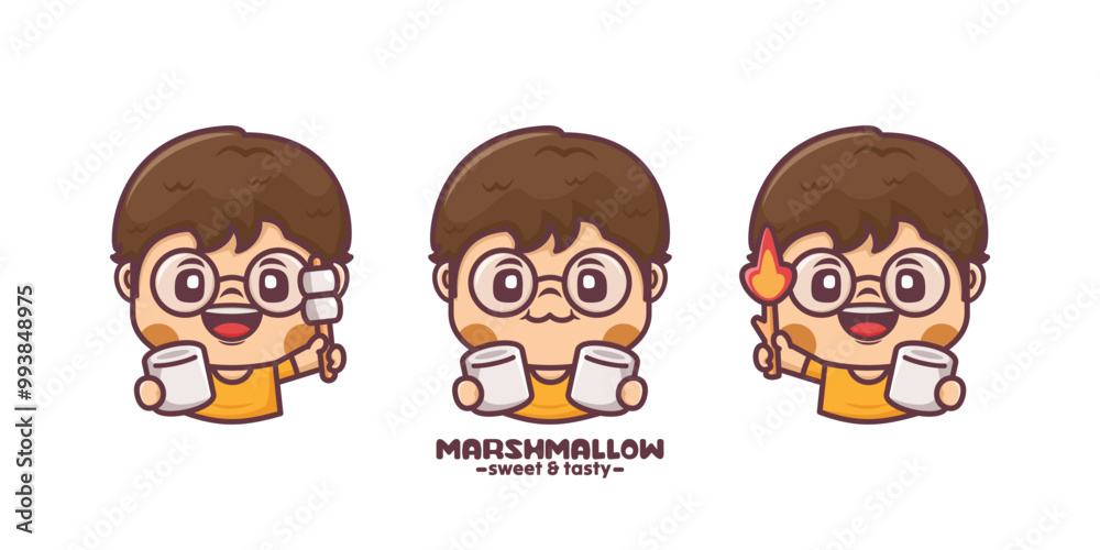 set of cute boy with marshmallow cartoon character design set of cute boy with marshmallow cartoon character design