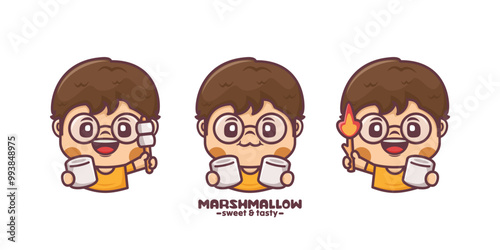 set of cute boy with marshmallow cartoon character design