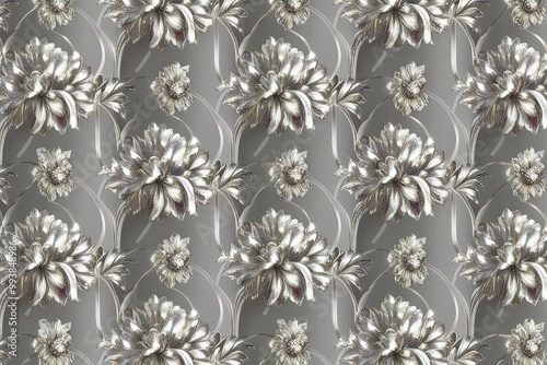 Luxurious Floral Seamless Pattern with Silver Curves and Timeless Geometric Repeats