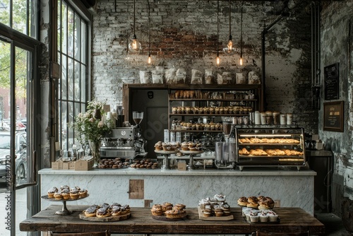 Rustic Bakery Interior with Exposed Brick Walls and Fresh Pastries