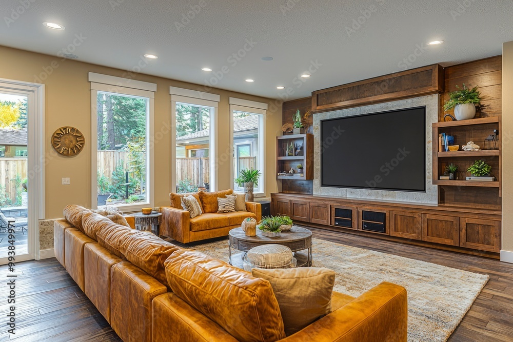 Modern living room with leather sofa, wooden entertainment center, and large windows Modern living room with leather sofa, wooden entertainment center, and large windows