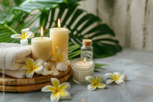 Table with white and yellow flowers, burning candles and green tropical leaves