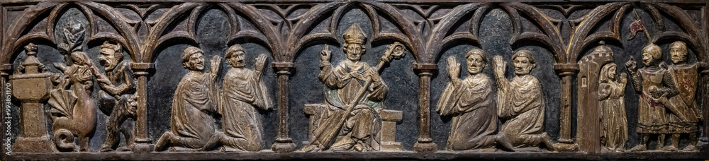 tomb cover of Sant Narcís, 14th century, low relief in polychrome wood, Joan de Tournai, Girona art museum, Girona, Catalonia, Spain tomb cover of Sant Narcís, 14th century, low relief in polychrome wood, Joan de Tournai, Girona art museum, Girona, Catalonia, Spain