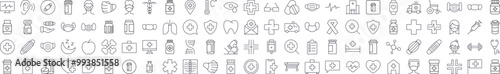 Medicine and Healthcare Line Icon Collection. Modern Collection for Design, Web Sites, Apps, Cards. Contains Linear Images of Organs, Medical Cross, Pills