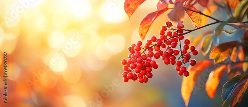 Autumn Rowan Berries Against Colorful Leaves in Sunlight. AI generated illustration