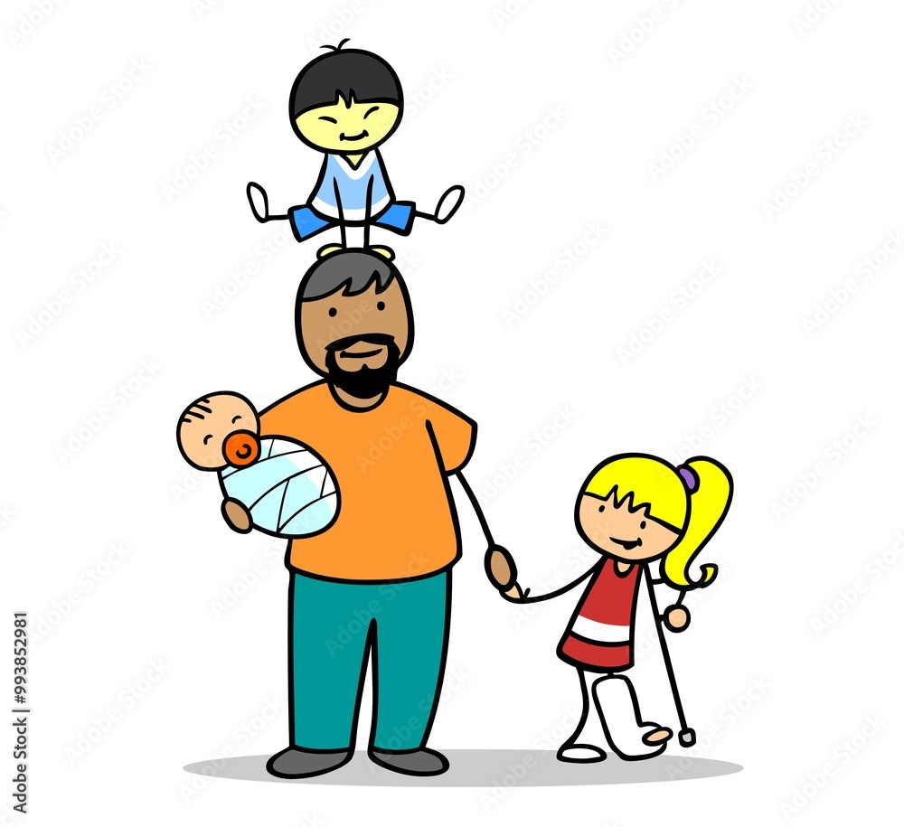 Illustration of a loving father holding a baby and spending time with playful children full of joy and happiness Illustration of a loving father holding a baby and spending time with playful children full of joy and happiness