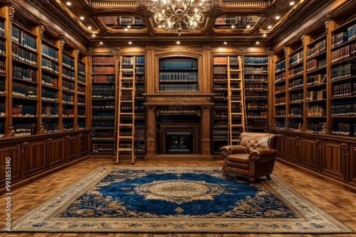 Ornate Library with a Blue Rug and a Leather Armchair photo