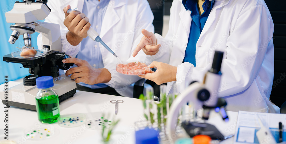 Fototapeta premium Team Asian scientists in a lab conducting food research using a microscope and lab equipment, showcasing innovation