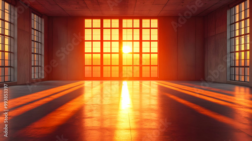 Sunrise Through Large Windows in Empty Room 3D Render