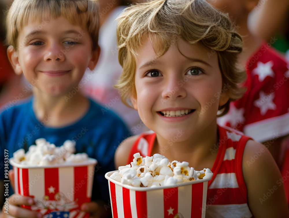 Family gathered on couch, popcorn and drinks in hand, watching classic Fourth of July movies. Family gathered on couch, popcorn and drinks in hand, watching classic Fourth of July movies.