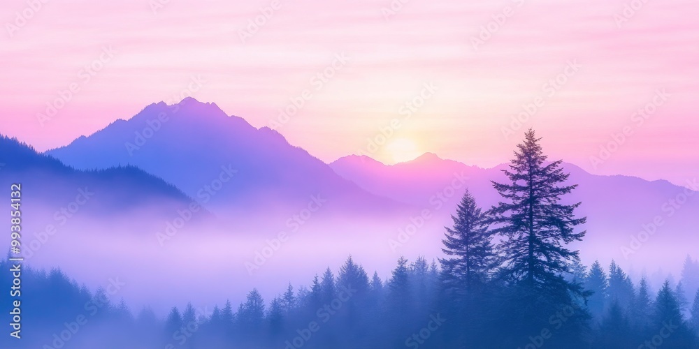 Obraz premium a mountain range with trees and a sunset