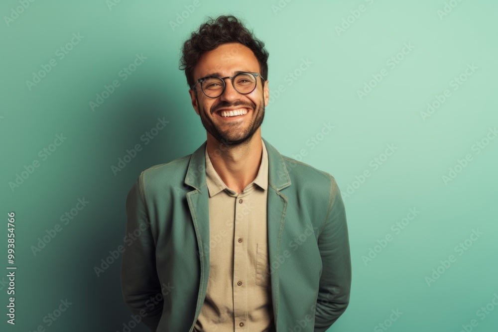 Portrait of a grinning man in his 30s wearing a chic cardigan on pastel or soft colors background Portrait of a grinning man in his 30s wearing a chic cardigan on pastel or soft colors background