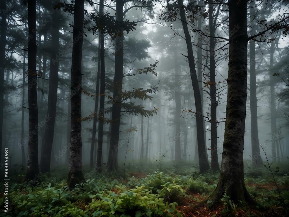 Foggy mystical forest scene with dense trees. Foggy mystical forest scene with dense trees.