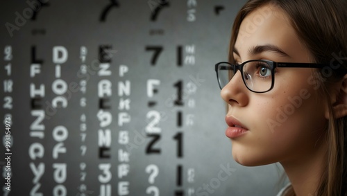 Focused girl examining an eye chart for vision testing.