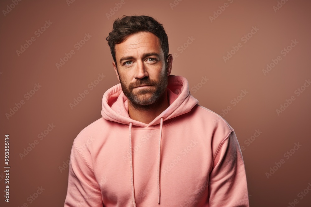 Portrait of a blissful man in his 30s sporting a comfortable hoodie isolated in pastel or soft colors background Portrait of a blissful man in his 30s sporting a comfortable hoodie isolated in pastel or soft colors background