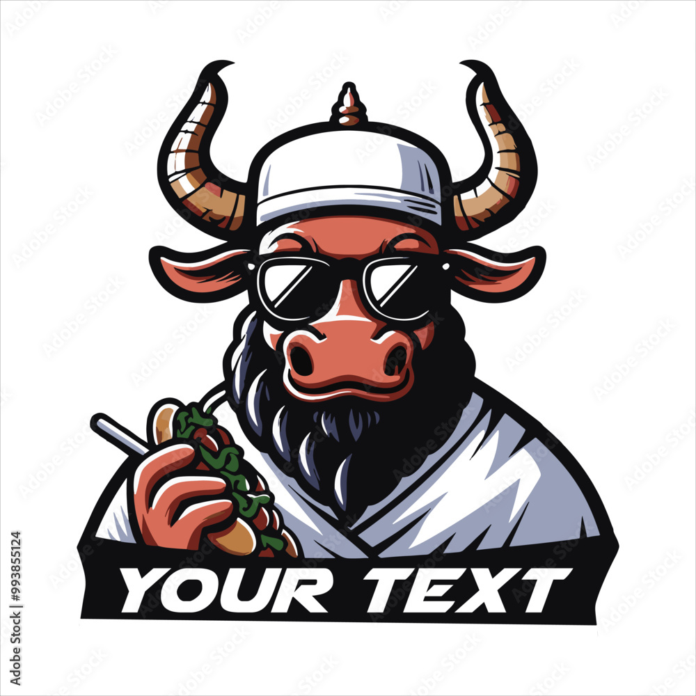 Cool bull chef with sunglasses and chopsticks - fun cartoonish vector character for custom projects Cool bull chef with sunglasses and chopsticks - fun cartoonish vector character for custom projects
