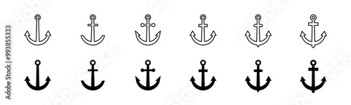 Anchor icon set. Line and glyph ship anchor vector