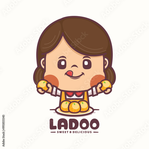 cute woman cartoon mascot design with indian food ladoo