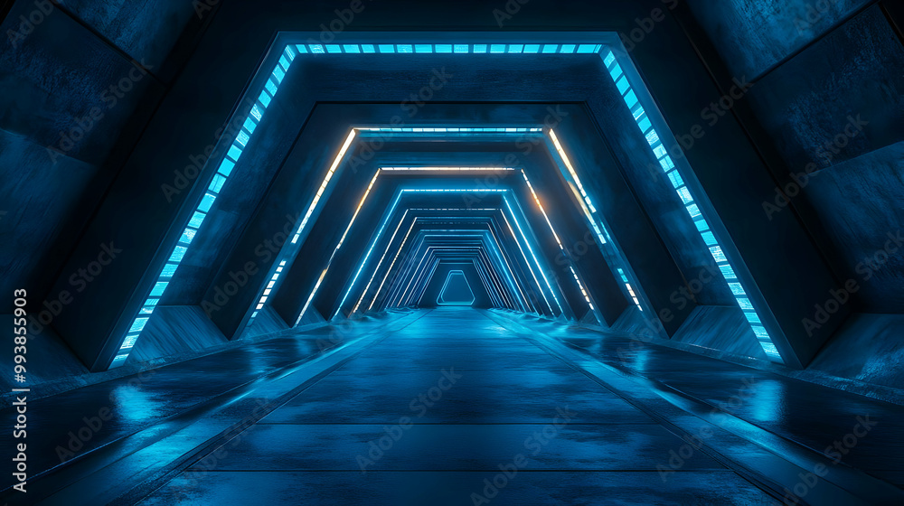 Futuristic Blue Neon Corridor 3D Illustration
