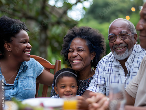 Multi-generational family gathering with joyful smiles, laughter, and hugs in a cozy outdoor setting. photo