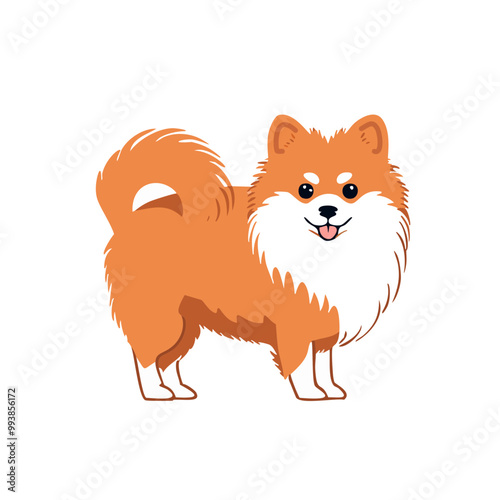 Cute Pomeranian spitz  dog cartoon with a simple, minimalist, isolated on white background