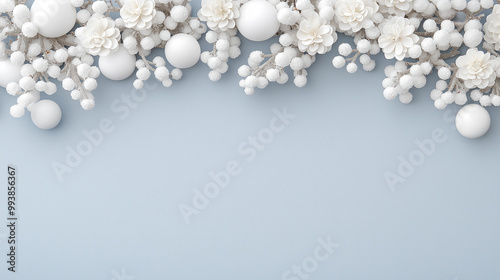 Pastel blue festive  winter background with  different ornaments, snowy branches, white balls and flowers. Space for text.  photo