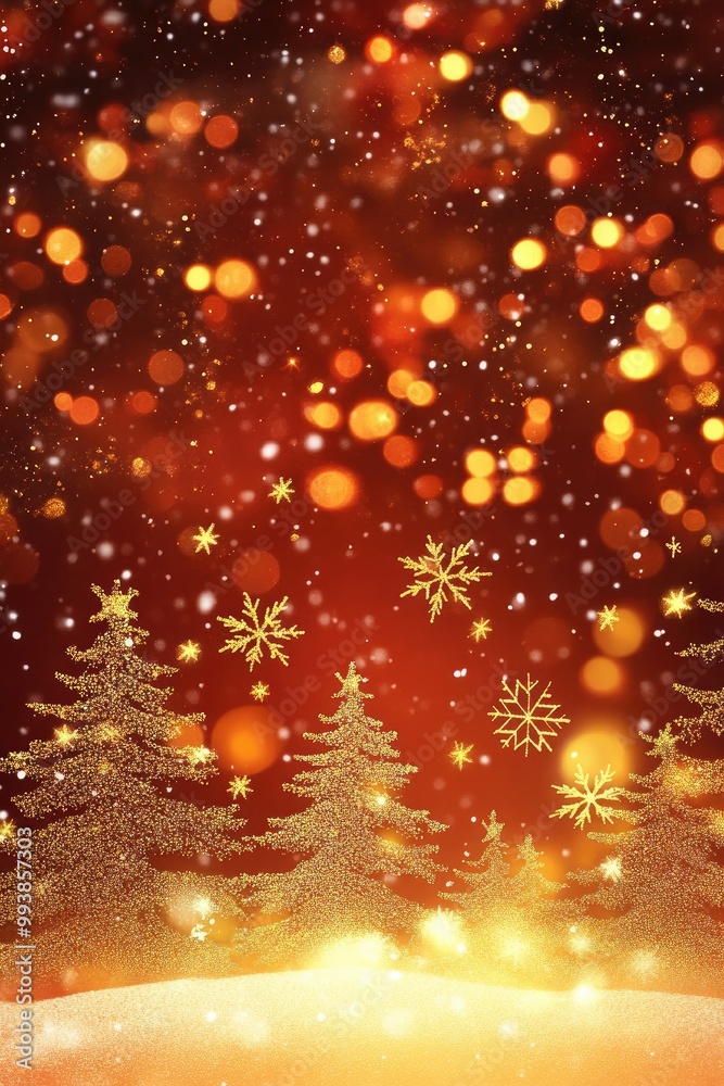 Gold Christmas and New Year Typography on Red Background with Snowflakes and Winter Landscape Gold Christmas and New Year Typography on Red Background with Snowflakes and Winter Landscape