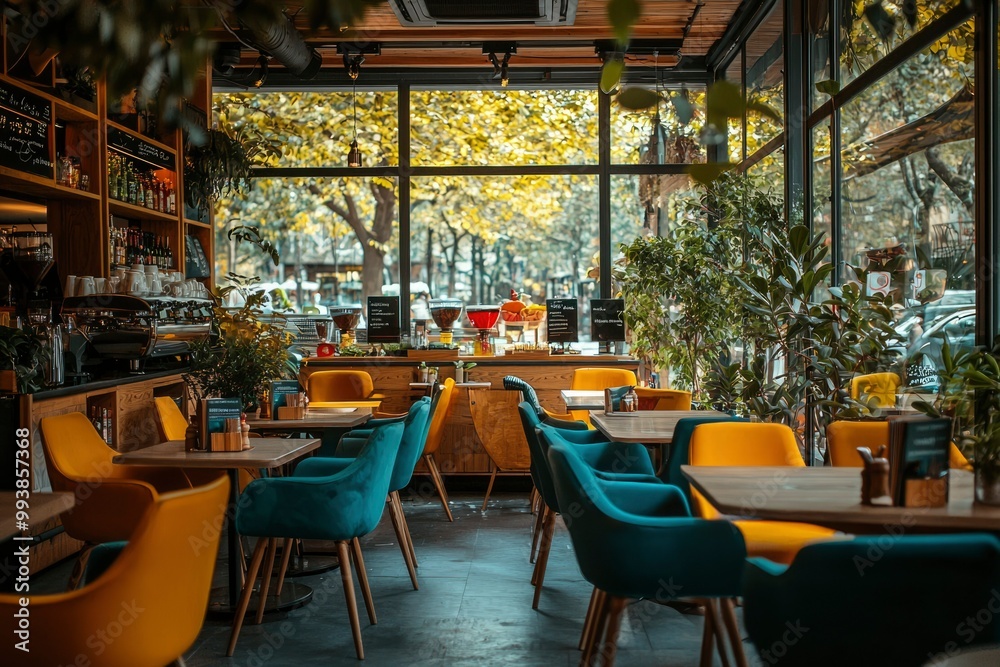 Fototapeta premium Modern Cafe Interior with Yellow and Blue Chairs and a View of a Green Trees