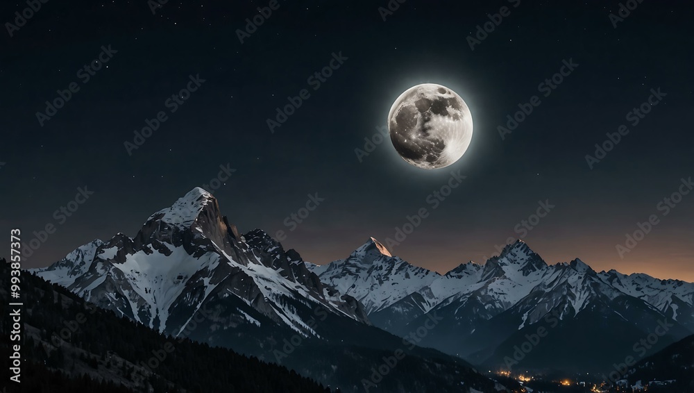 Full cold moon between two mountain peaks at night.