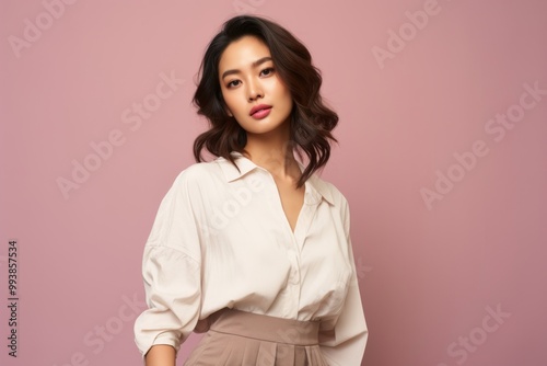 Portrait of a tender asian woman in her 40s donning a trendy cropped top on pastel or soft colors background