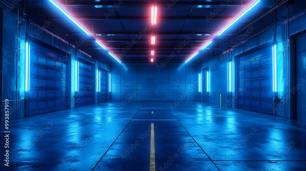 Blue and Red Neon Lights Garage 3D Render
