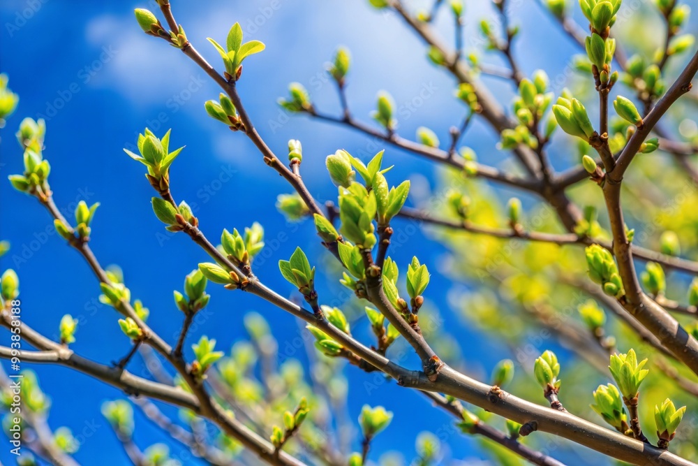 Tree branch with new green leaves against blue sky