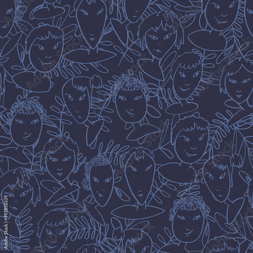 Seamless background with funny faces of anthropomorphic creatures. Humorous characters with different emotions