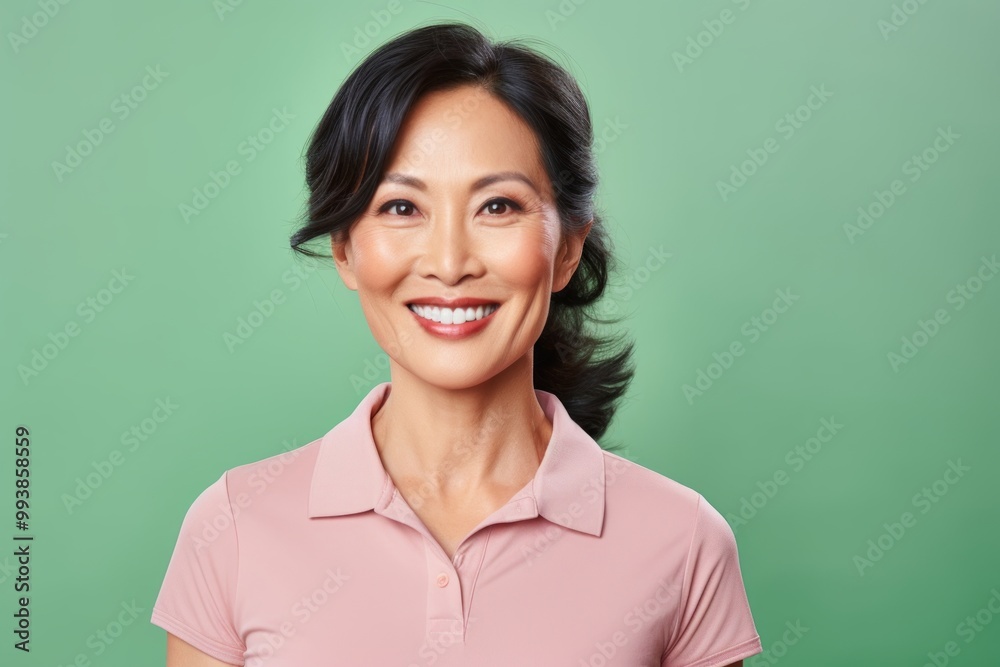 Fototapeta premium Portrait of a smiling asian woman in her 40s wearing a sporty polo shirt isolated in pastel or soft colors background