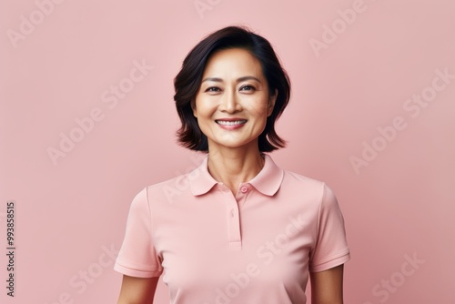 Portrait of a smiling asian woman in her 40s wearing a sporty polo shirt on pastel or soft colors background